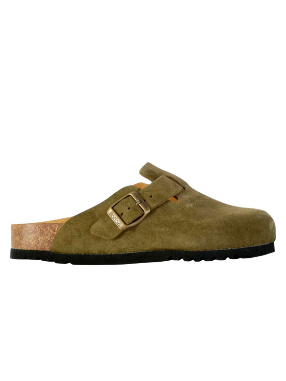 SCHOLL - SL FAE NEW SUEDE KHAKI CLOGS & MULES